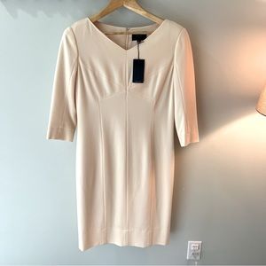 NWT Faconnable MIDI Dress 3/4 Sleeve Sz 12 Cream Lined, Fitted Modal Wide V Neck